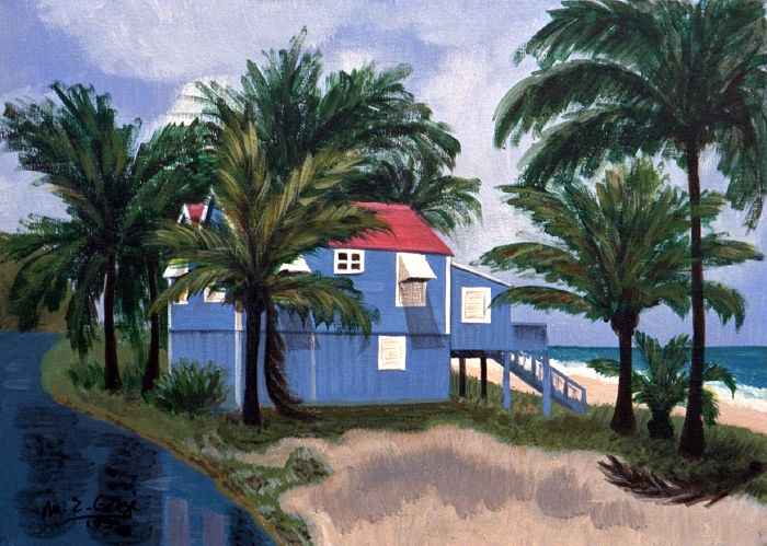 La barbade : la maison bleue sur l'océan après la pluie