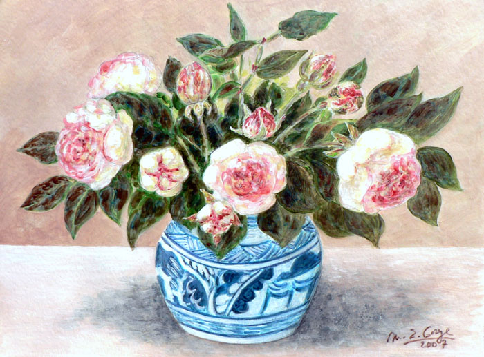 Roses anciennes dans un pot chinois