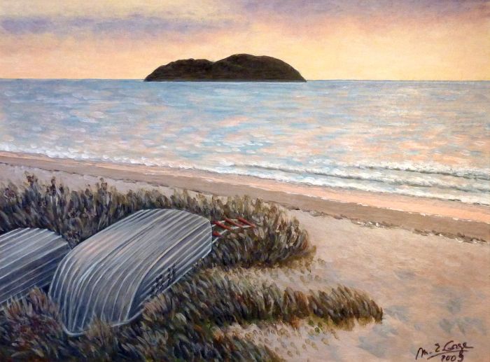 Barques sur la plage au coucher de soleil