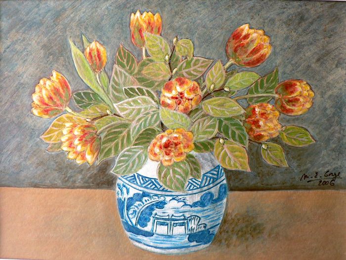 Tulipes et feuilles d'eucalyptus