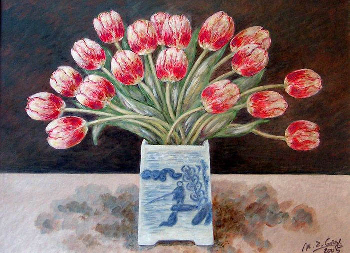 Tulipes dans un vase chinois carré