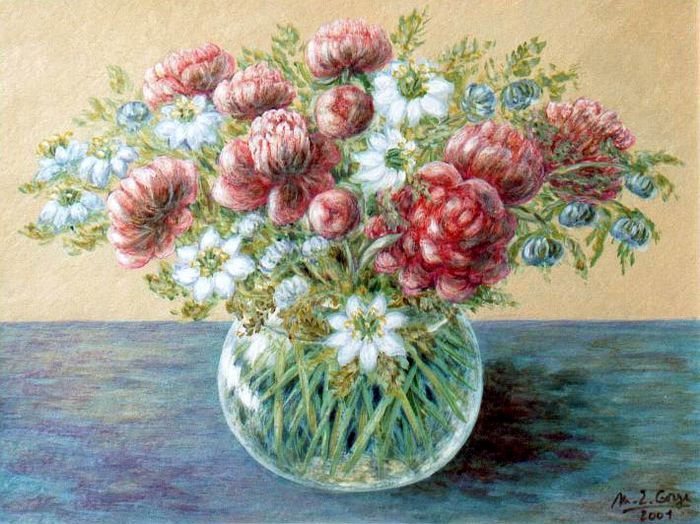 Bouquet de fleurs (pivoines et nigelles bleues)
